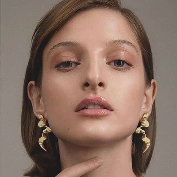 Gold Squiggle Drop Earrings - Picture 3 of 9